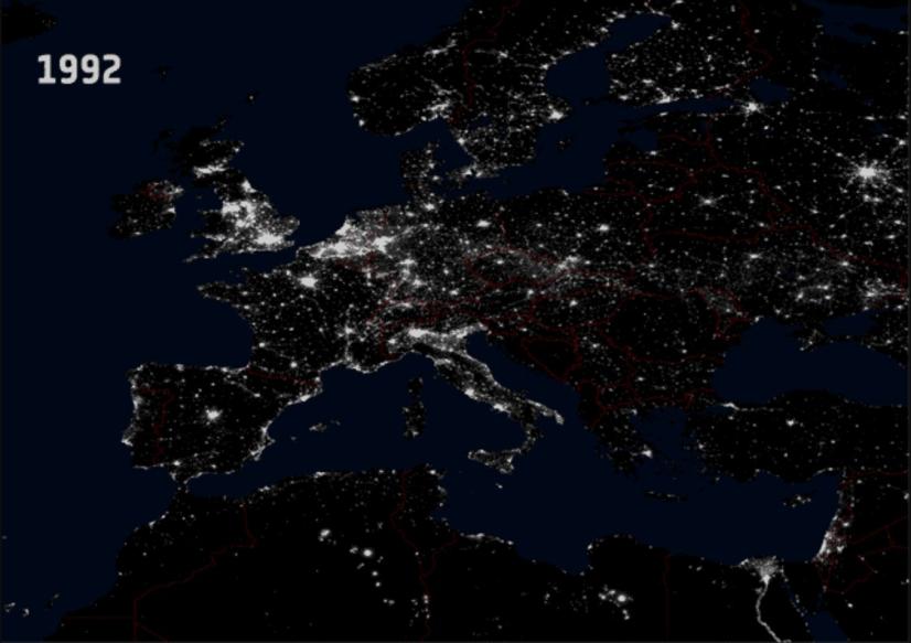 Évolution de la pollution lumineuse en Europe entre 1992...